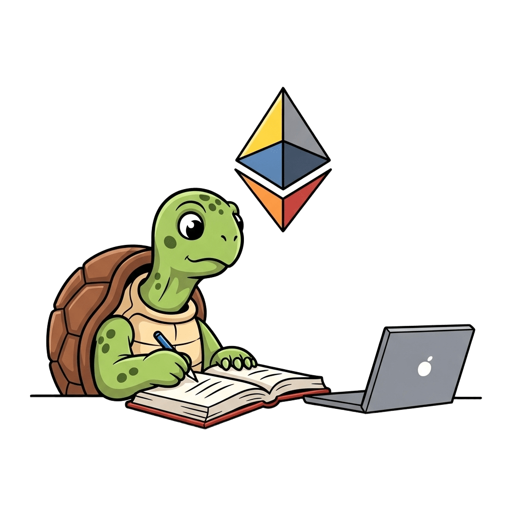 Cute turtle learning blockchain development with Ethereum logo